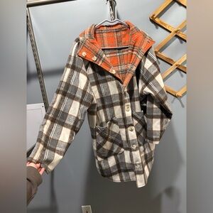 Buckle Plaid Pea Coat in Orange and Gray